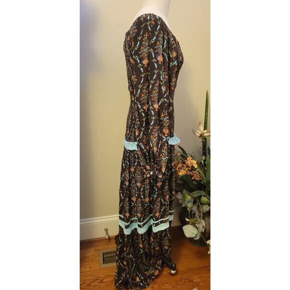 New Verandah Smocked Tiered Maxi Dress SQUARE-NECK $595 SMALL (4) Brown Motif - Picture 8 of 10